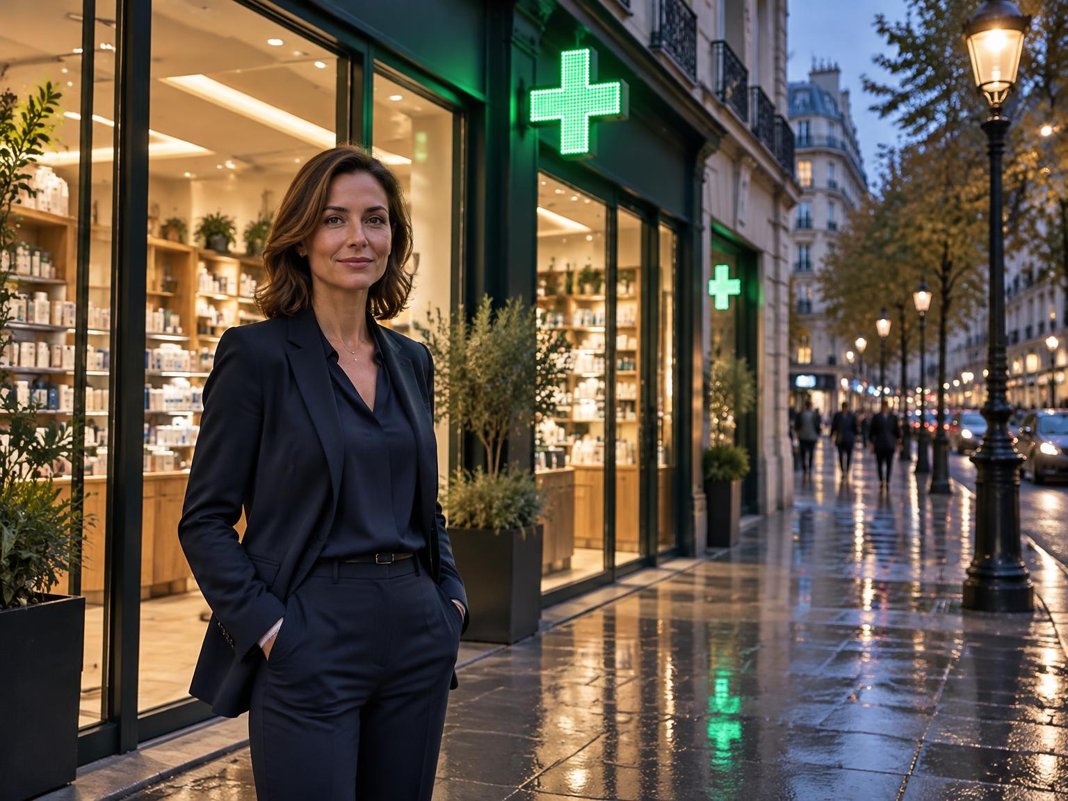 Pharmacienne devant une officine parisienne au crépuscule